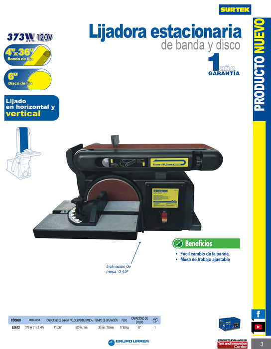 Lijadora de banda 4" x 36" y disco estacionaria 6" 1/2 HP 120 V Surtek
