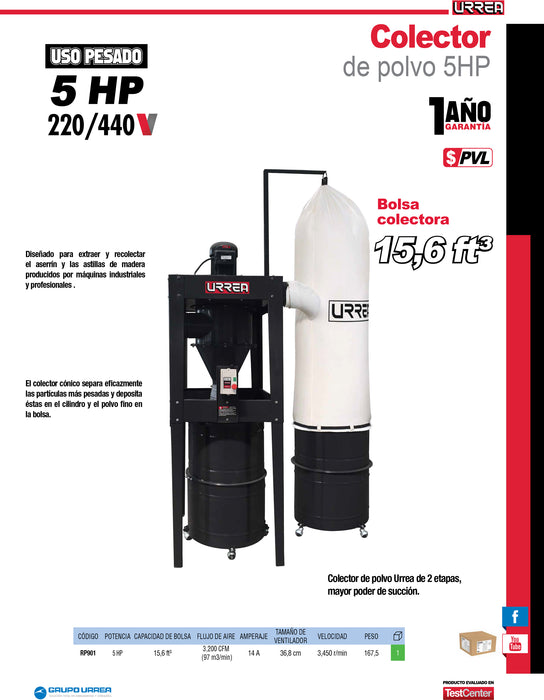Colector de polvo 7" 5 HP 220 V / 440 V, 3450 RPM 2 fases Urrea