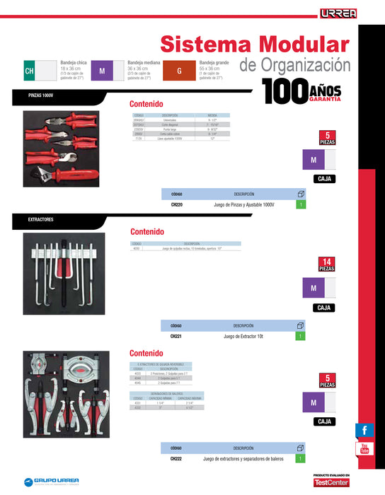 Juego de pinzas y llave ajustable 1000 V 5 piezas, charola CH220-C Urrea