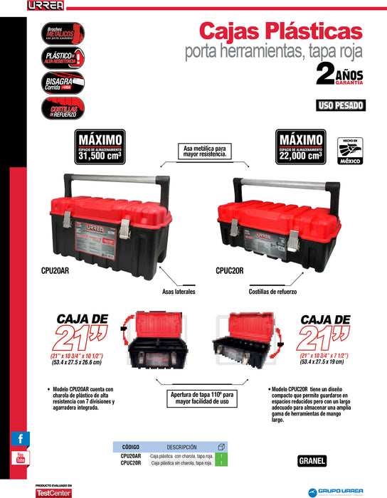 Caja portaherramientas plástica con broches metálicos color negro tapa roja 21" x 11" x 7" Urrea