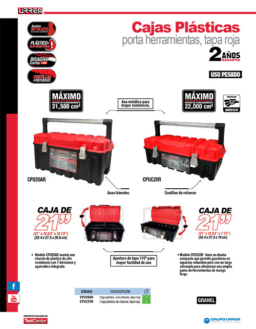 Caja portaherramientas plástica con broches metálicos color negro tapa roja 21" x 11" x 10 Urrea