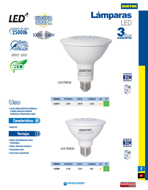 Lámpara de LED tipo PAR38, 20 W luz cálida Surtek