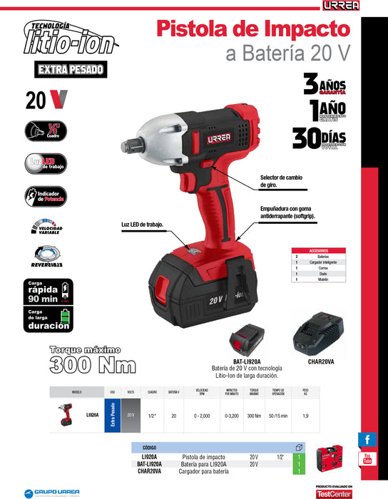 Batería Litio-ion para LI920A, 20 V Urrea