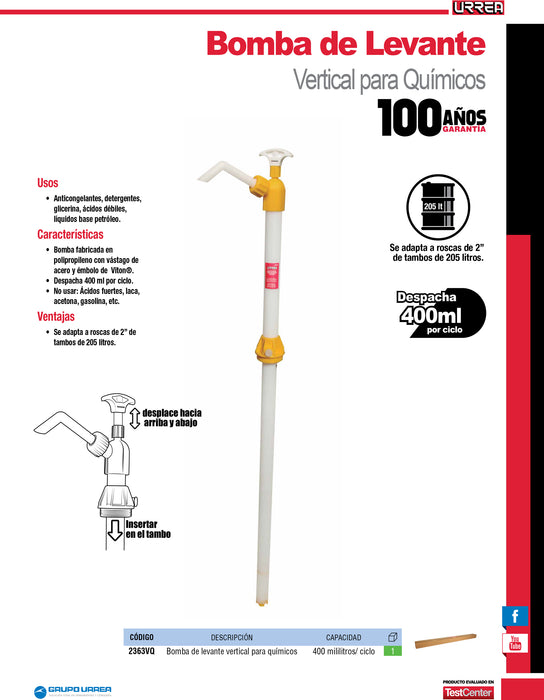 Bomba extractora vertical para químicos, suministro 400 ml por ciclo Urrea