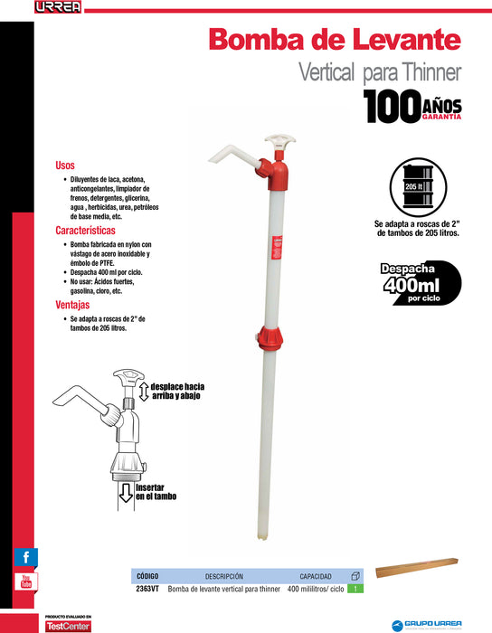 Bomba extractora vertical para thinner, suministro 400 ml por ciclo Urrea