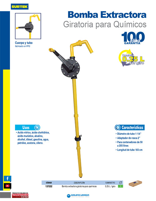 Bomba extractora giratoria para químicos, suministro 250 ml por giro Surtek
