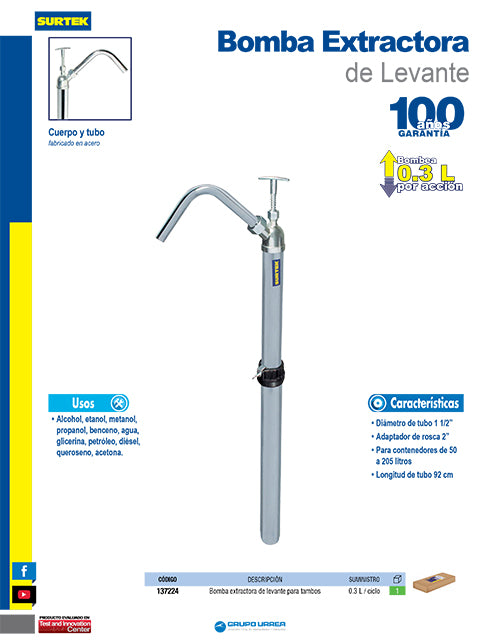 Bomba extractora vertical para lubricantes, suministro 300 ml por ciclo Surtek