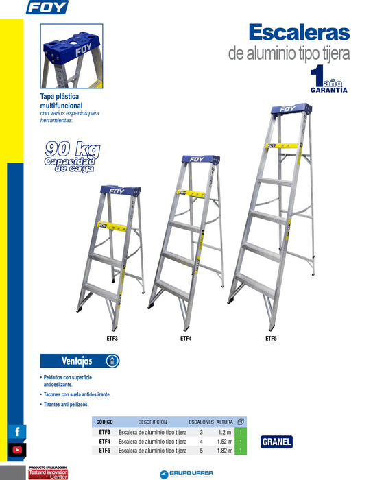 Escalera de tijera tipo III de aluminio y tapa plástica con 4 peldaños Foy