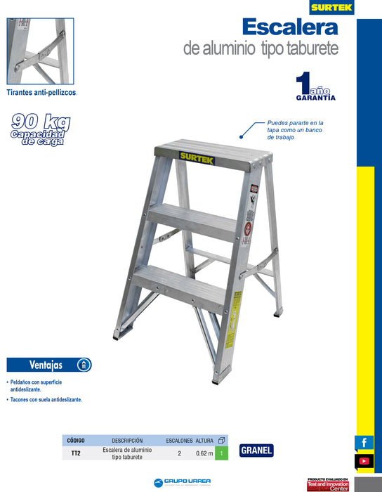 Escalera tipo taburete de aluminio con 2 peldaños Surtek