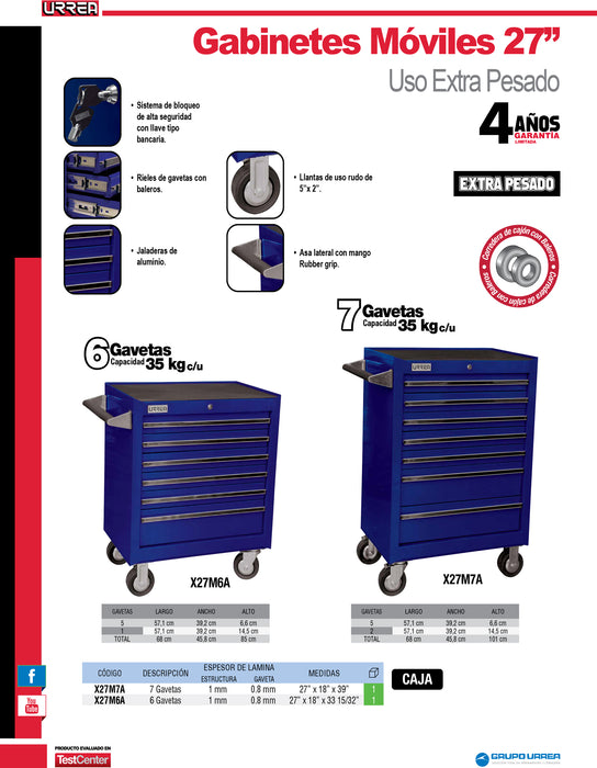 Gabinete móvil 6 gavetas color azul serie X 27" Urrea