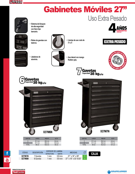 Gabinete móvil 6 gavetas color negro serie X 27" Urrea