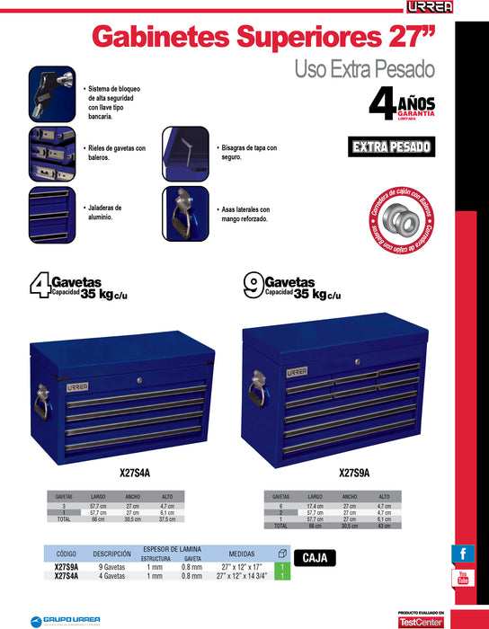 Gabinete superior 9 gavetas color azul serie X 27" Urrea