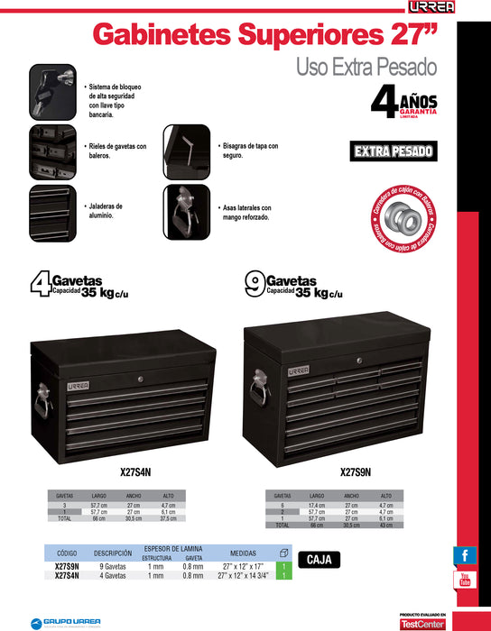 Gabinete superior 9 gavetas color negro serie X 27" Urrea