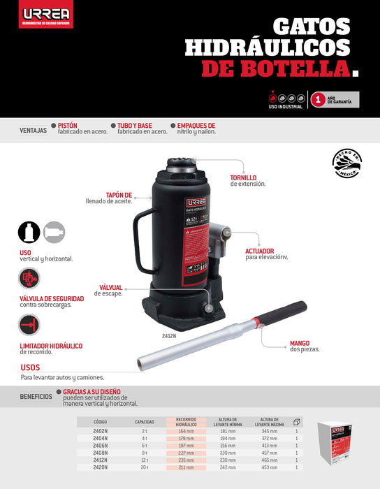Gato hidráulico de botella, 6 ton Urrea