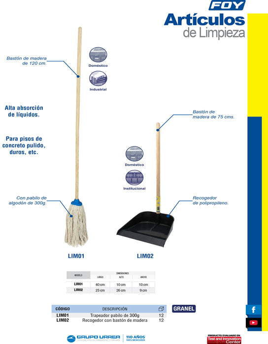 Trapeador de pabilo de algodón con bastón de madera 120 cm, 300 gr Foy