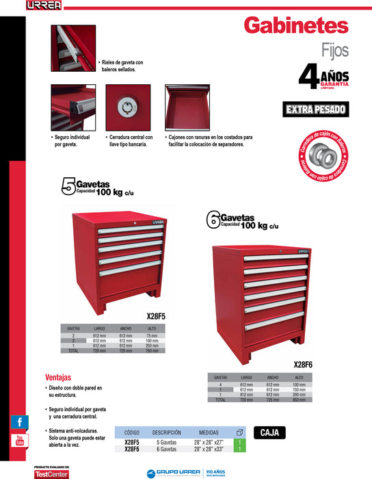 Gabinete fijo con 6 gavetas color rojo serie X 28" Urrea