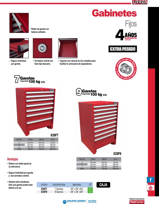 Gabinete fijo con 9 gavetas color rojo serie X 28" Urrea