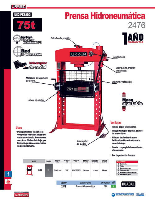 Prensa hidroneumática, 75 ton Urrea
