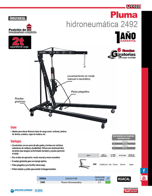 Pluma hidroneumática plegable, 2 ton Urrea