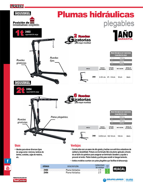 Pluma hidráulica plegable con posición de levantamiento adaptable, 1 ton Urrea