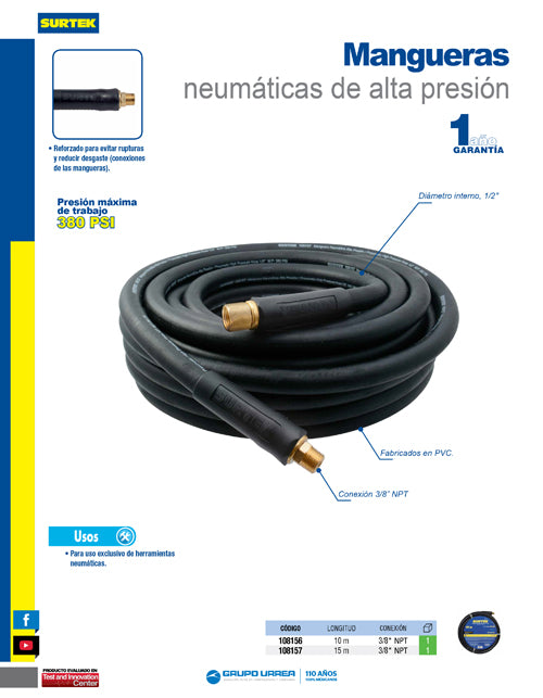 Manguera de PVC reforzadas para aire de alta presión 1/2" x 15 m Surtek