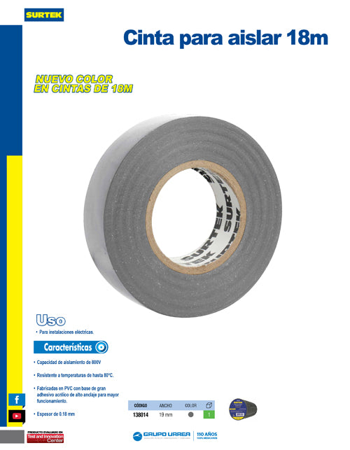 Cinta gris para aislar 19 mm x 18 m Surtek