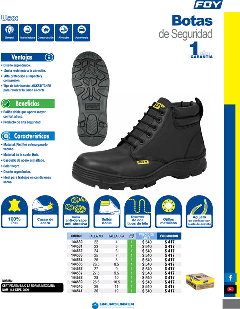 Botas de seguridad collarín doble con casquillo de acero #28 cm Foy