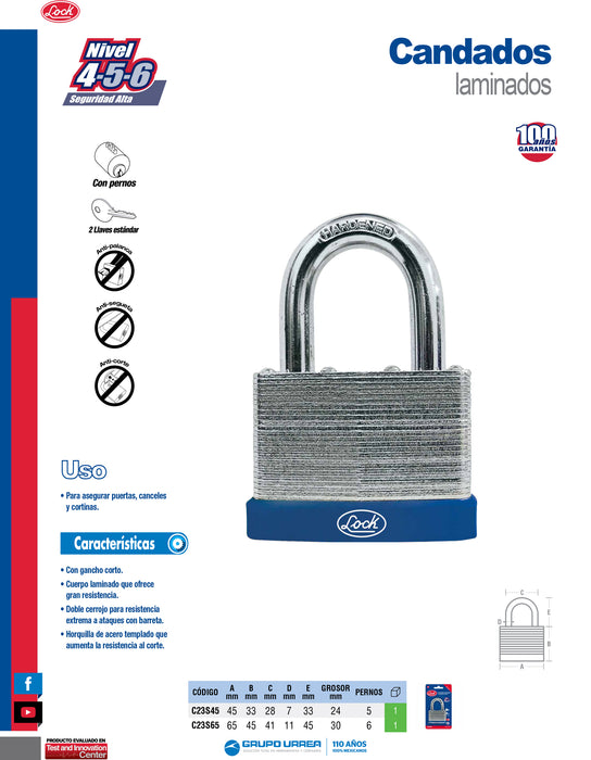 Candado laminado corto 45 mm, llave estándar Lock
