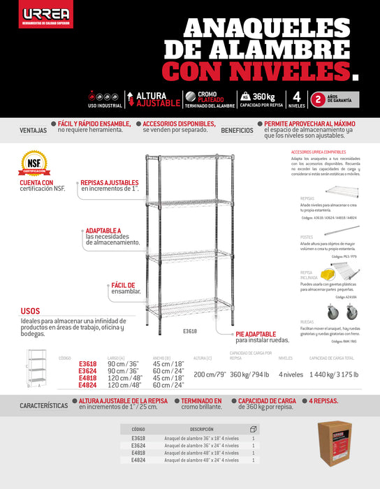 Anaquel de alambre 36" x 24" 4 niveles Urrea