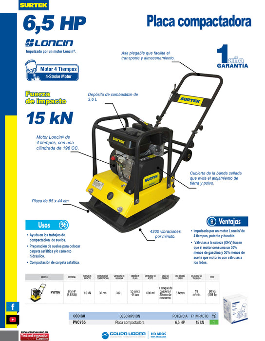 Placa compactadora a gasolina con motor de 4 tiempos 6.5 HP Surtek