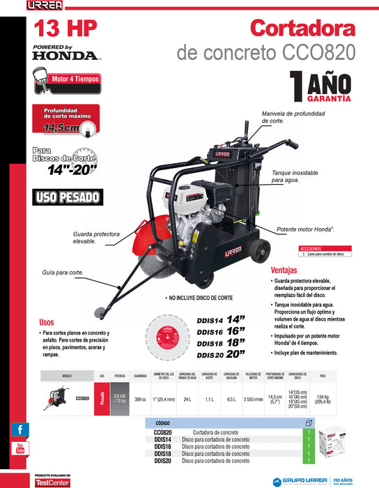 Disco de diamante para cortadora de concreto, 14" Urrea