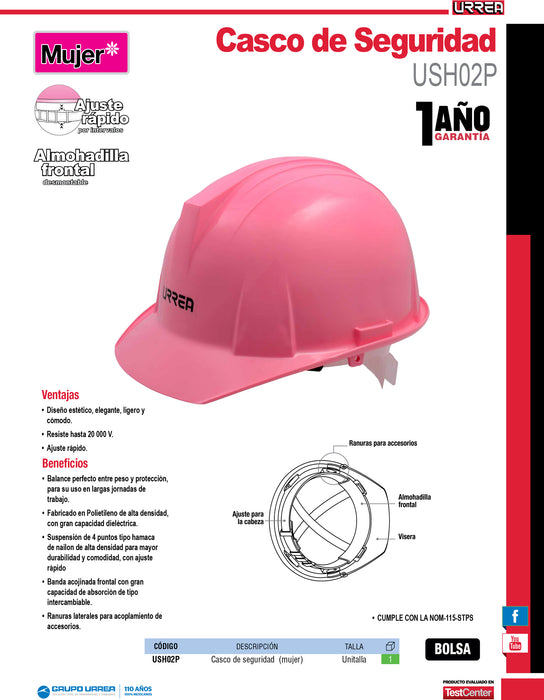 Casco de seguridad con ajuste de intervalos de 4 puntos, color rosa Urrea
