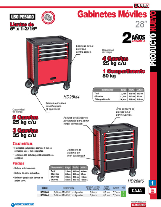 Gabinete móvil 6 gavetas color rojo y negro serie HD 28" Urrea