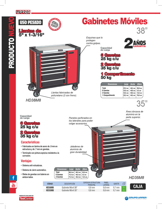Gabinete móvil 8 gavetas color rojo y negro serie HD 38" Urrea