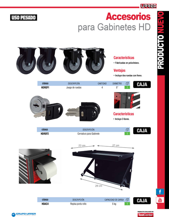 Juego de ruedas para gabinetes serie HD, 4 piezas Urrea