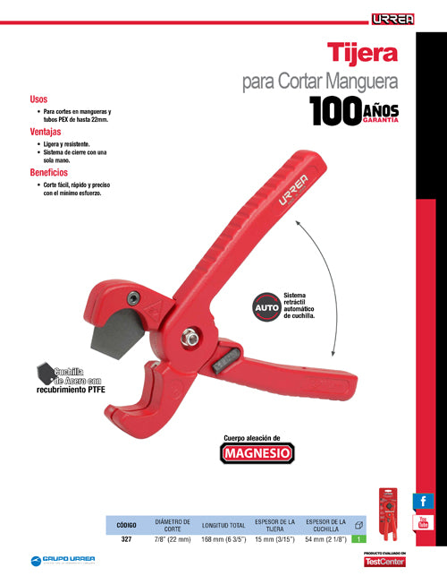 Tijeras para tubos plásticos de 7/8" Urrea