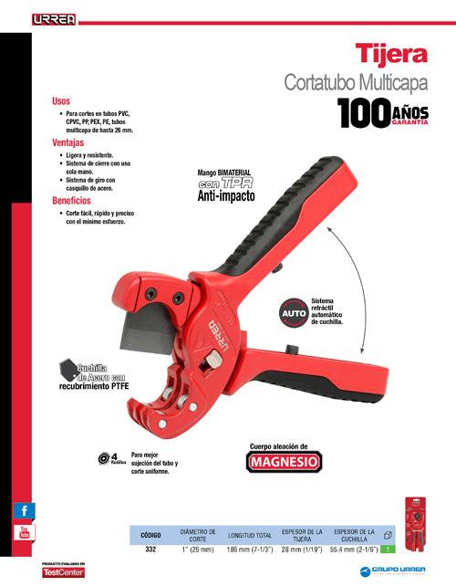 Tijeras para tubos plásticos de 1", tipo multicapa Urrea