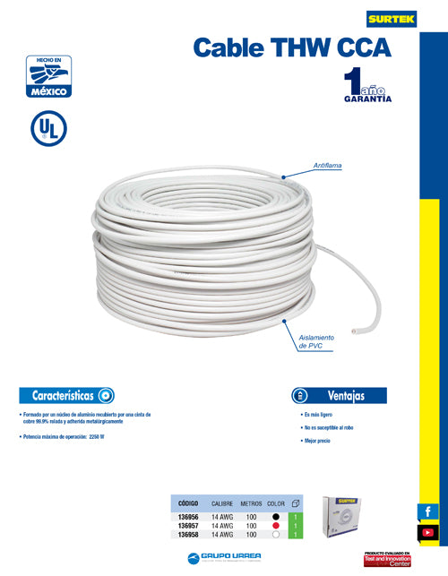 Cable eléctrico THW calibre 14, 100 m color rojo Surtek