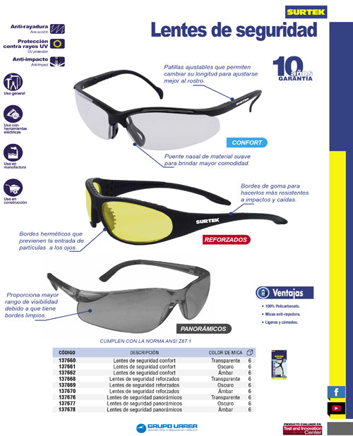 Lentes de seguridad modelo Confort, oscuros Surtek