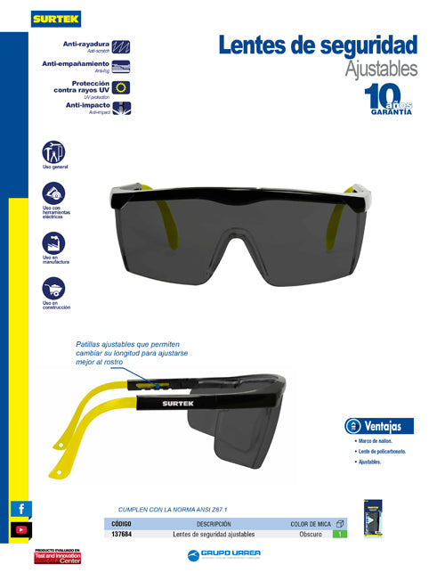Lentes de seguridad modelo ajustable, oscuros Surtek