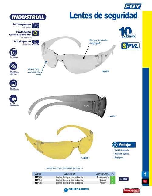 Lentes de seguridad, transparentes Foy
