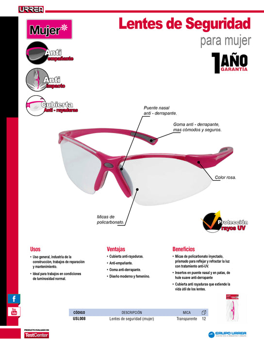 Lentes de seguridad modelo Orión, transparentes con rosa Urrea