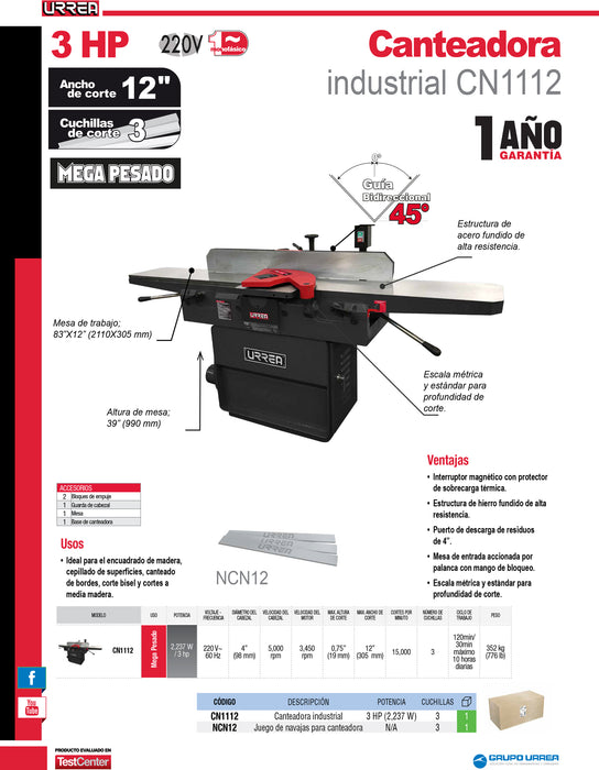 Canteadora 12" 2,237 W 220 V, 5000 RPM 1 fase Urrea