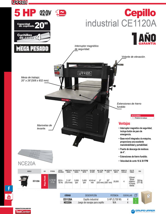 Cepillo estacionario 20" 5 HP 220 V, 5000 RPM Urrea
