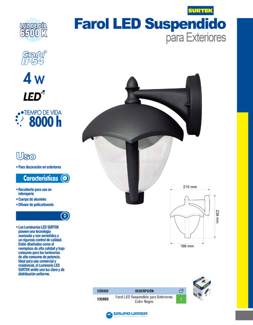 Farol de LED suspendido negro 4 W de 320 lm Surtek