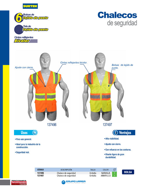 Chaleco de seguridad de alta visibilidad con cierre y 6 bolsas amarillo unitalla Surtek