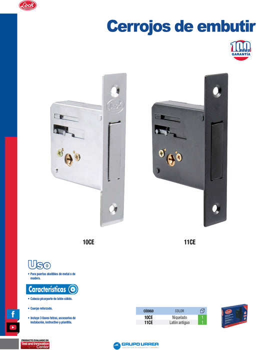 Cerrojo para embutir auxiliar, función doble, latón antiguo, llave tetra, en caja Lock