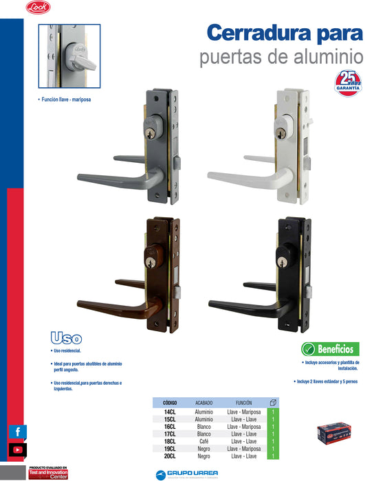 Cerradura clásica para puerta de aluminio función doble, gris, llave estándar Lock