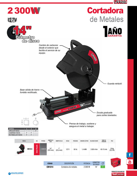 Cortadora de metales 14" 2300 W 127 V, 3800 RPM Urrea