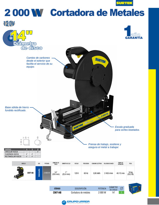 Cortadora de metales 14" 2000 W 120 V, 3900 RPM Surtek